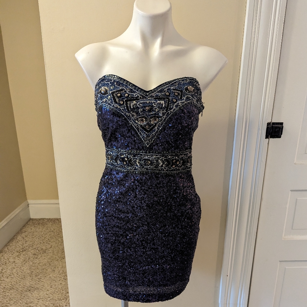 Spy Zone Exchange navy blue sequin and beaded strapless dress size M